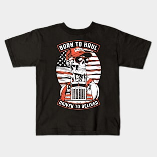 Skeleton Trucker Born To Haul Truck Driver Big Rig USA Flag Kids T-Shirt